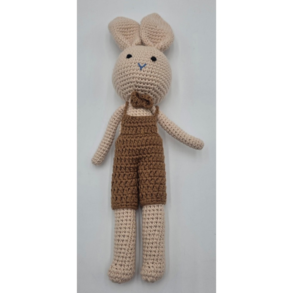Handmade Crochet Amigurumi Bunny Rabbit Beige Brown Overalls Plush Toy 12 Inch